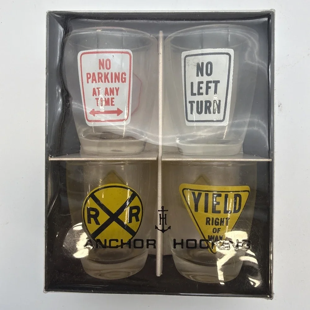 Vintage Anchor Hocking Glass 4 Piece Road Sign Shot Glass Set 2 1/2